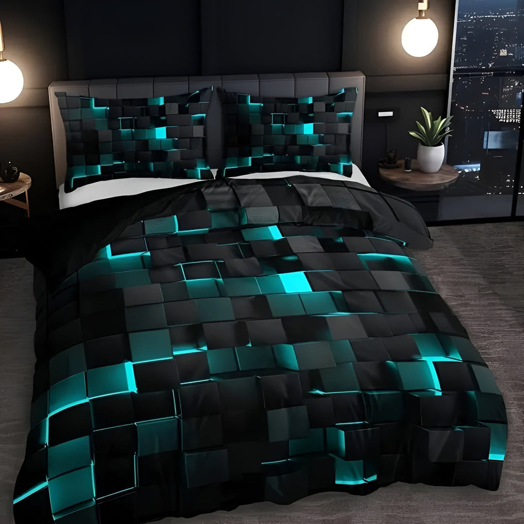 Stylish bedroom interior displaying a cyan blue 3D grid duvet cover set