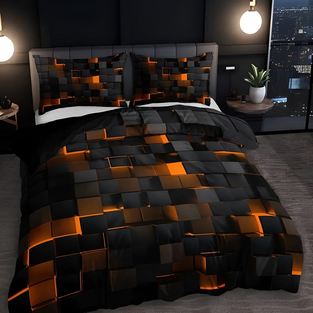 Full duvet cover set featuring a futuristic 3D geomatrix grid print in vibrant neon colors