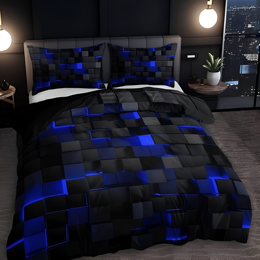 Close-up view of the geometric bedding set highlighting the modern neon grid pattern details