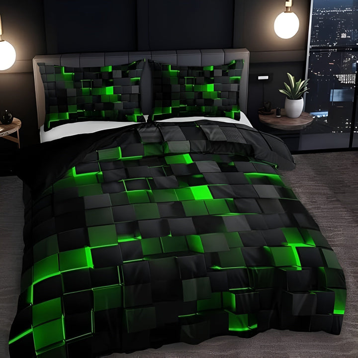 Futuristic bedroom decor showcasing the vibrant geomatrix 3D grid print duvet cover