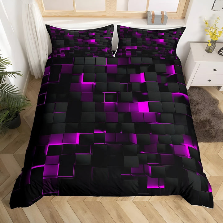 Geometric duvet cover set laid flat to display the full futuristic home textile design