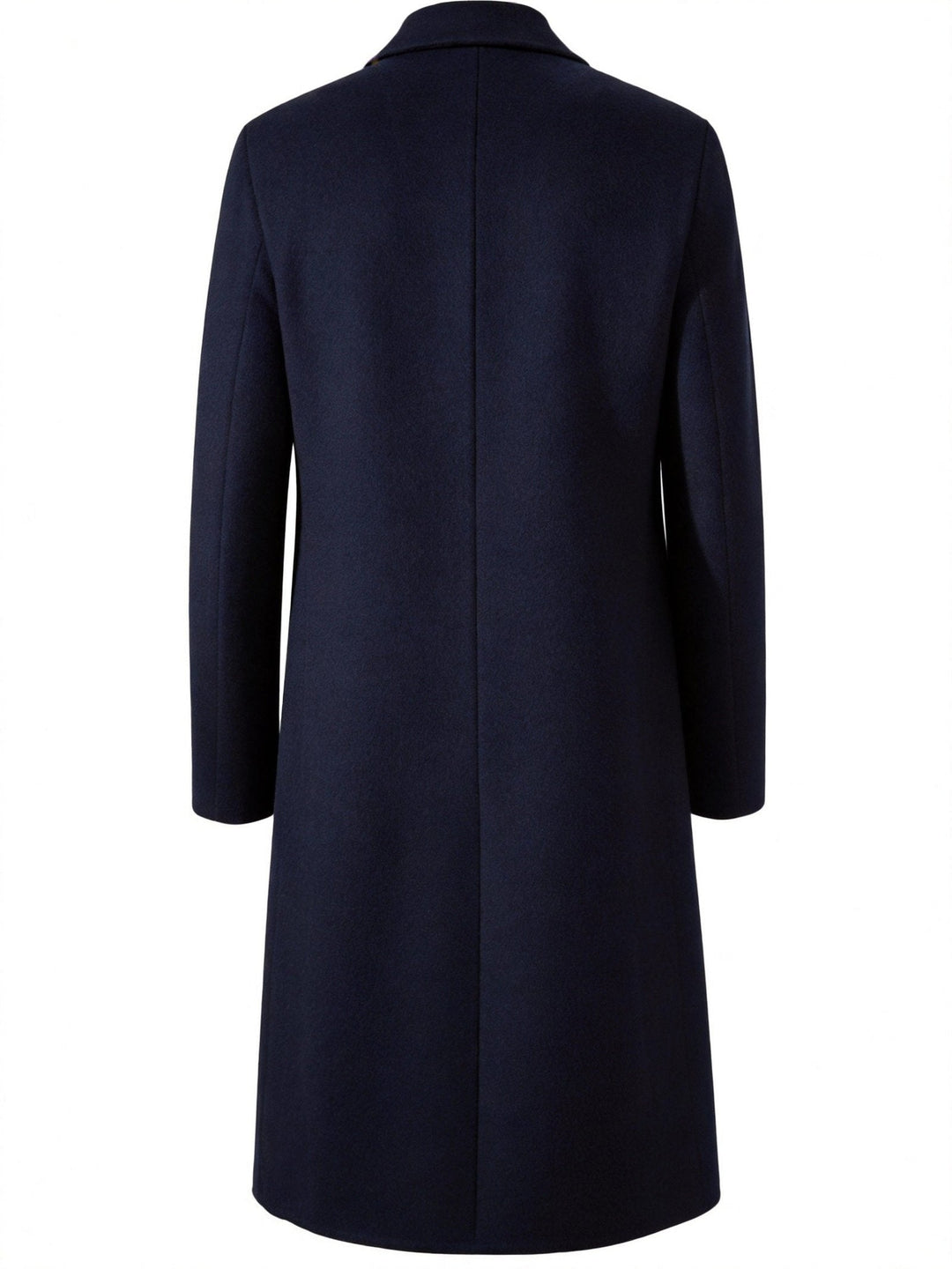 Back view of navy long trench coat showing extended cut