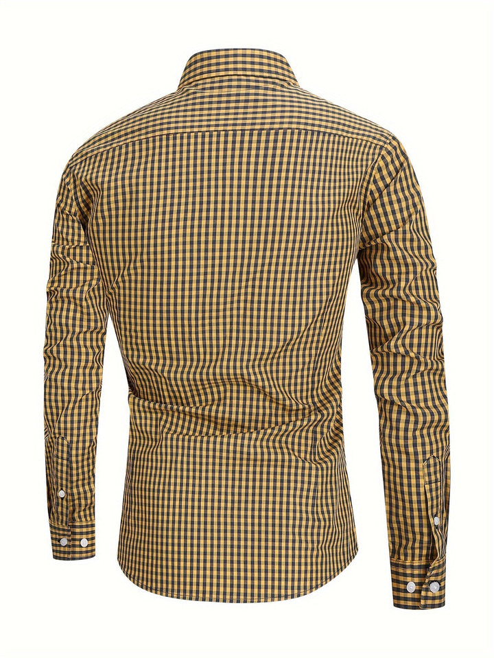 Mens check pattern casual long sleeve shirt button down cuff detail