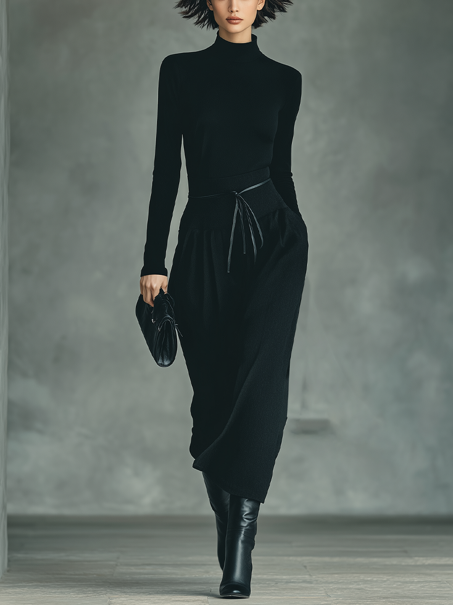 Model wearing a black knit top and stretch skirt set with black boots and a clutch