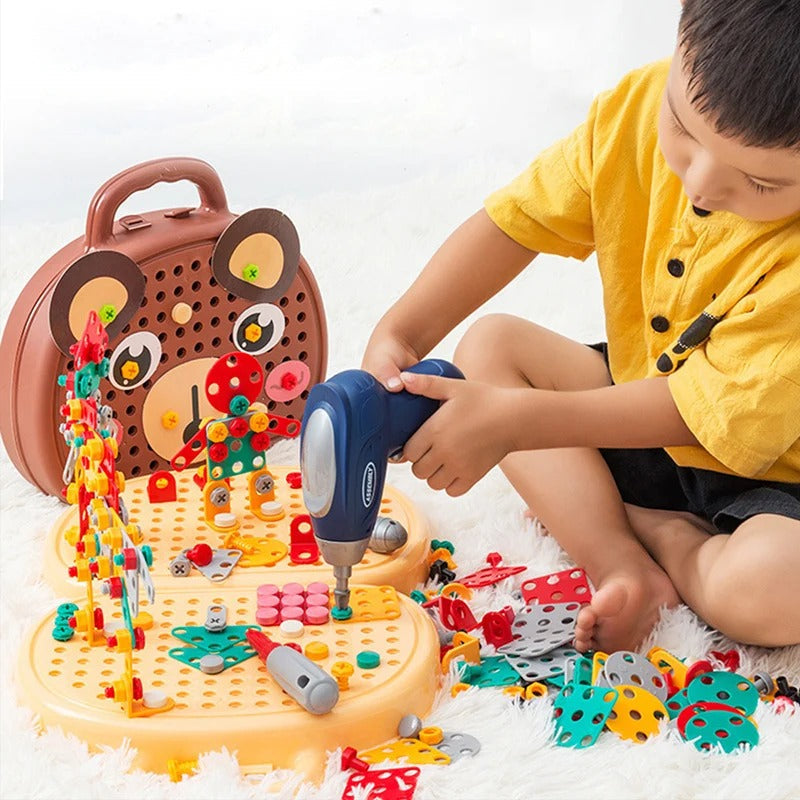 Kids creative building tool kit with mini drill and colorful construction set pieces