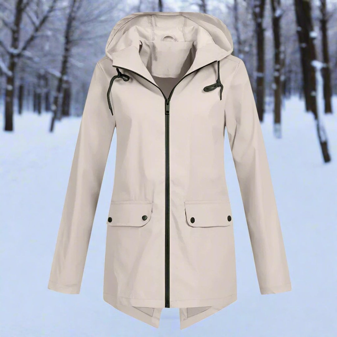 Product description graphic highlighting waterproof rain jacket features
