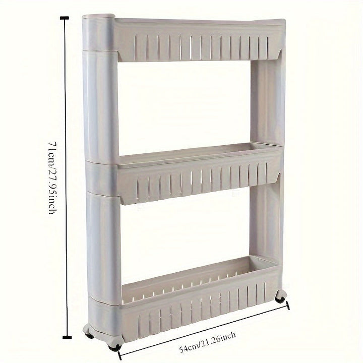 Compact mobile shelving unit demonstrating smooth movement on caster wheels