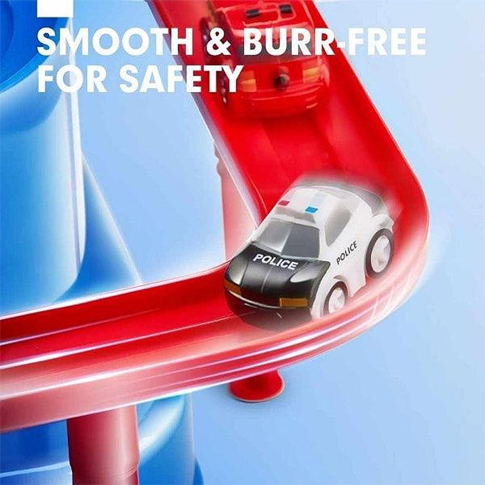 Screen-free developmental toddler toy with cars and rescue mechanisms