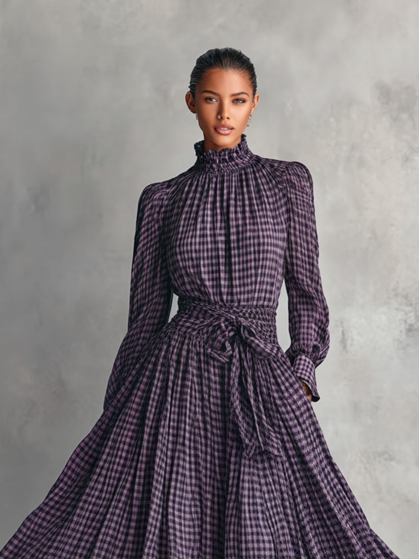 Close-up of the ruffled collar and plaid pattern on the blouse