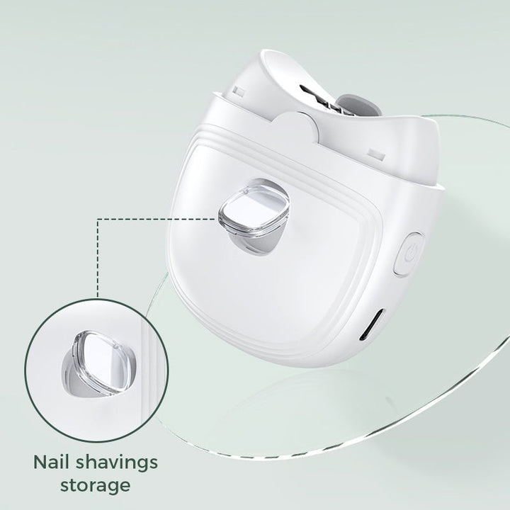 Back view of USB rechargeable electric nail clipper showing sleek housing