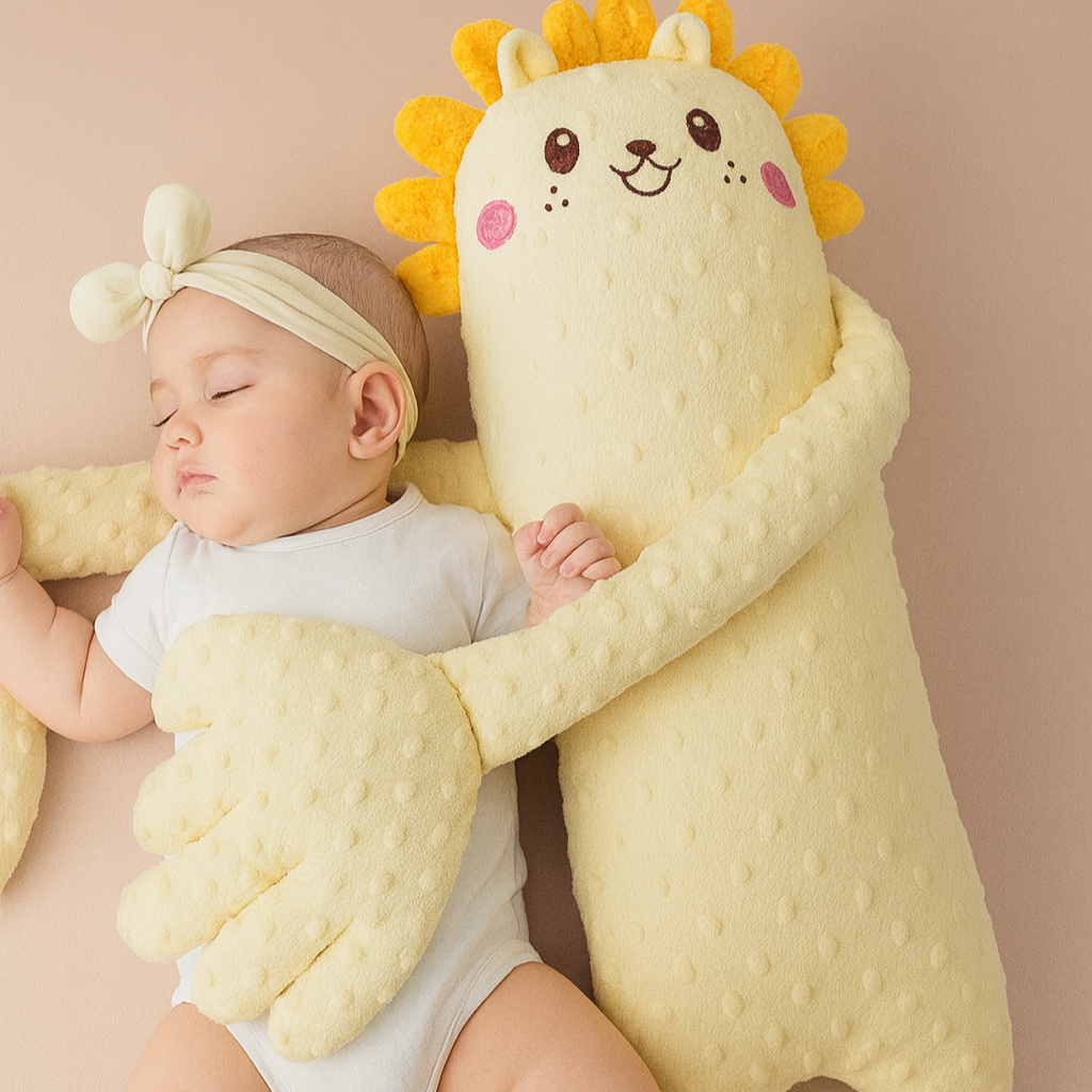 Baby sleeping peacefully next to a yellow lion cuddle buddy pillow