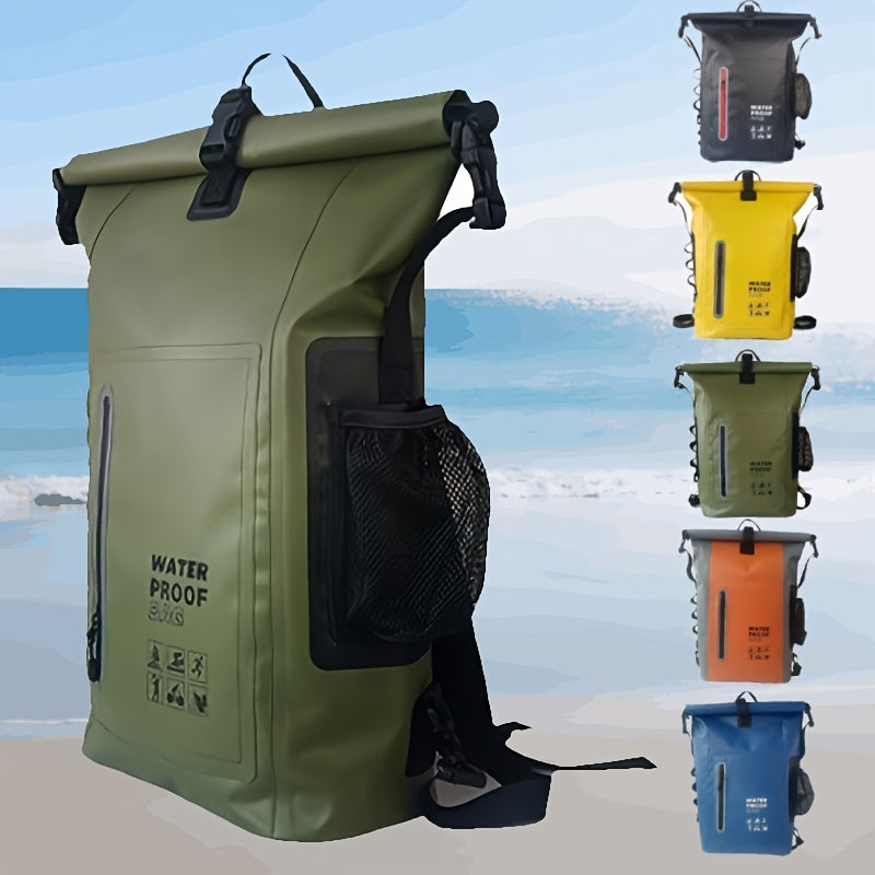 Waterproof 25L roll-top backpack shown in green with color options displayed on the side