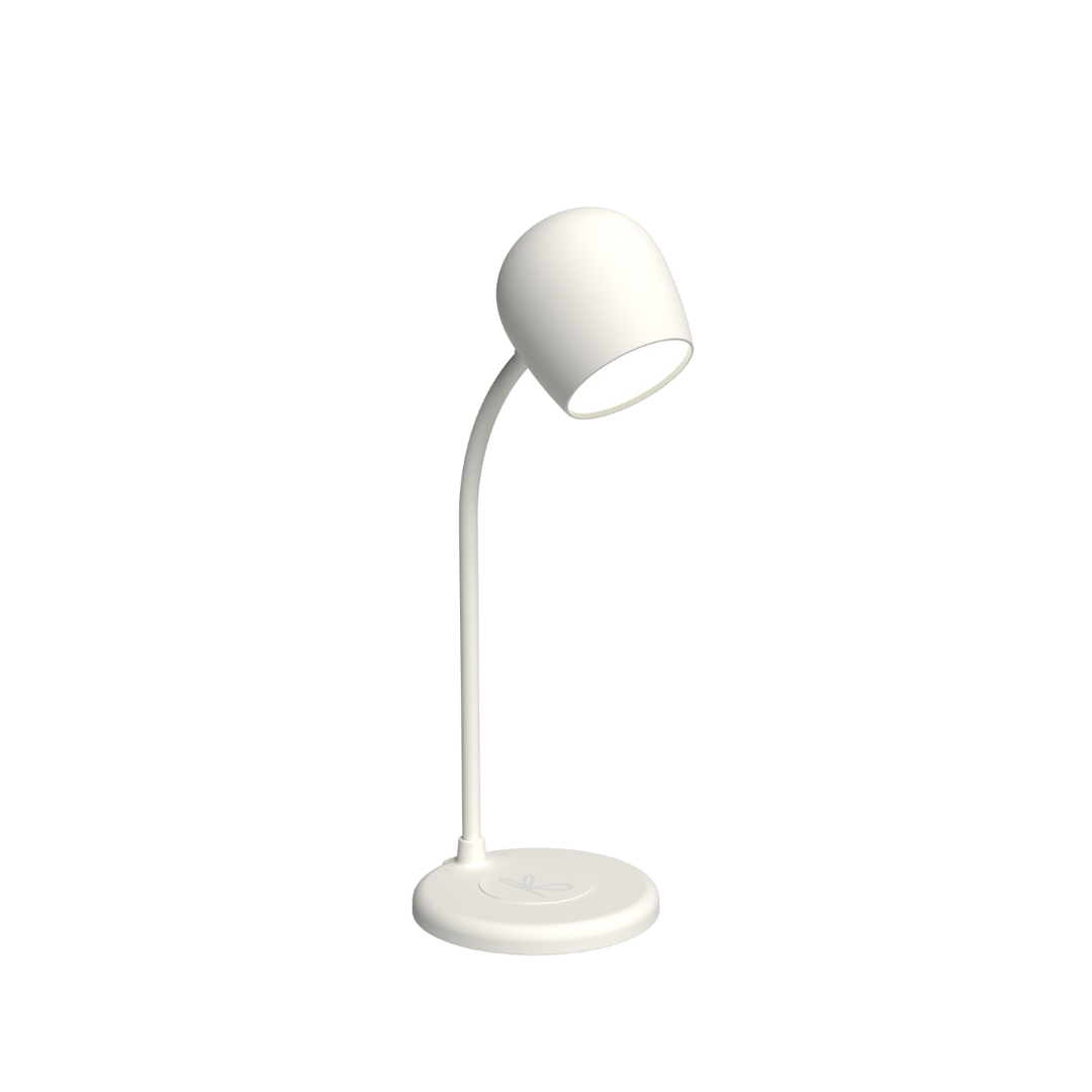 Overhead view of the LED desk lamp illuminating a laptop and notebook