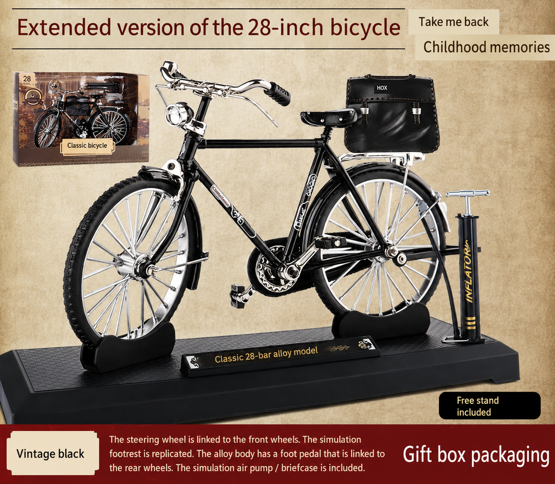 Classic miniature black bicycle model with display stand and accessories