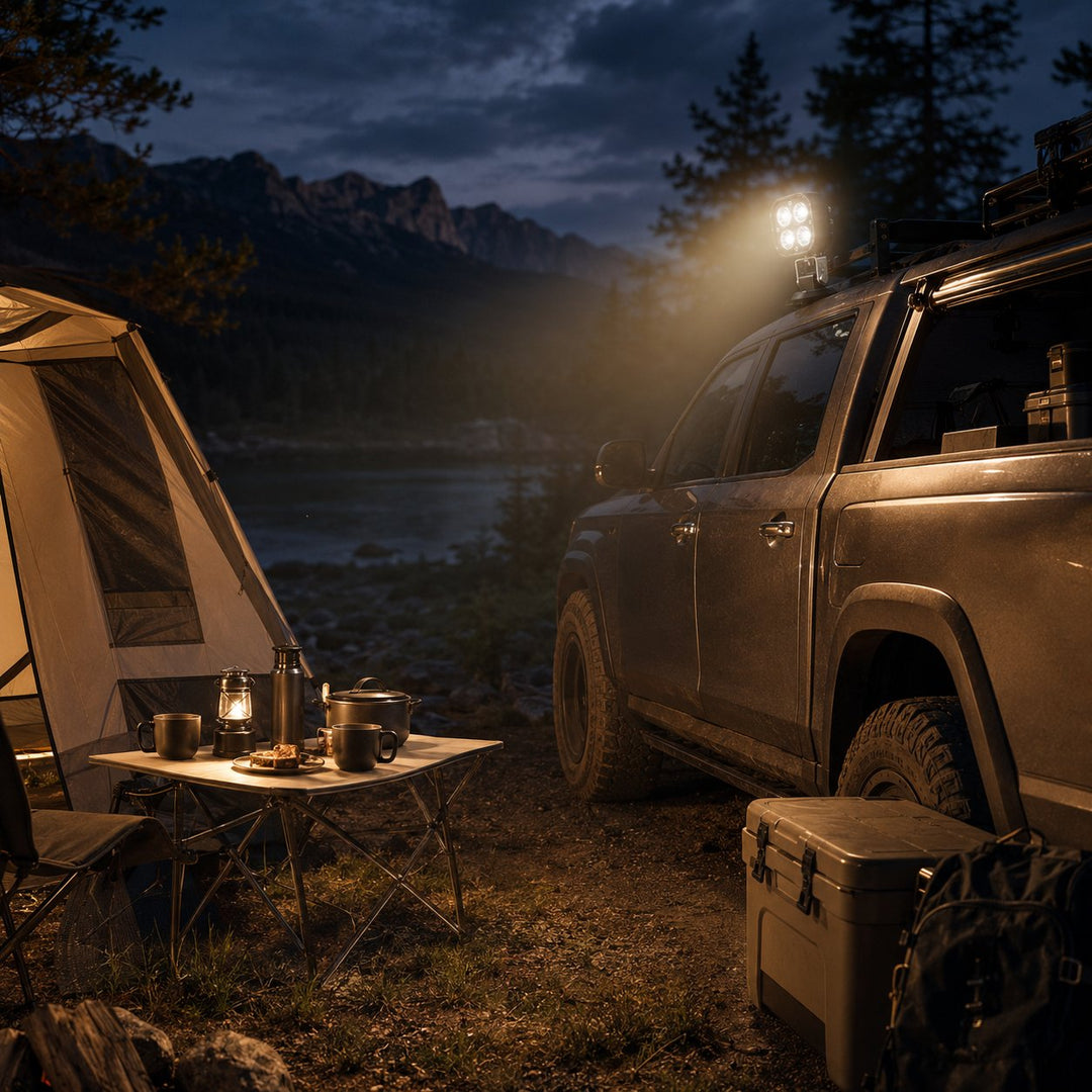 Off-road accessories setup featuring the magnetic LED light on a truck