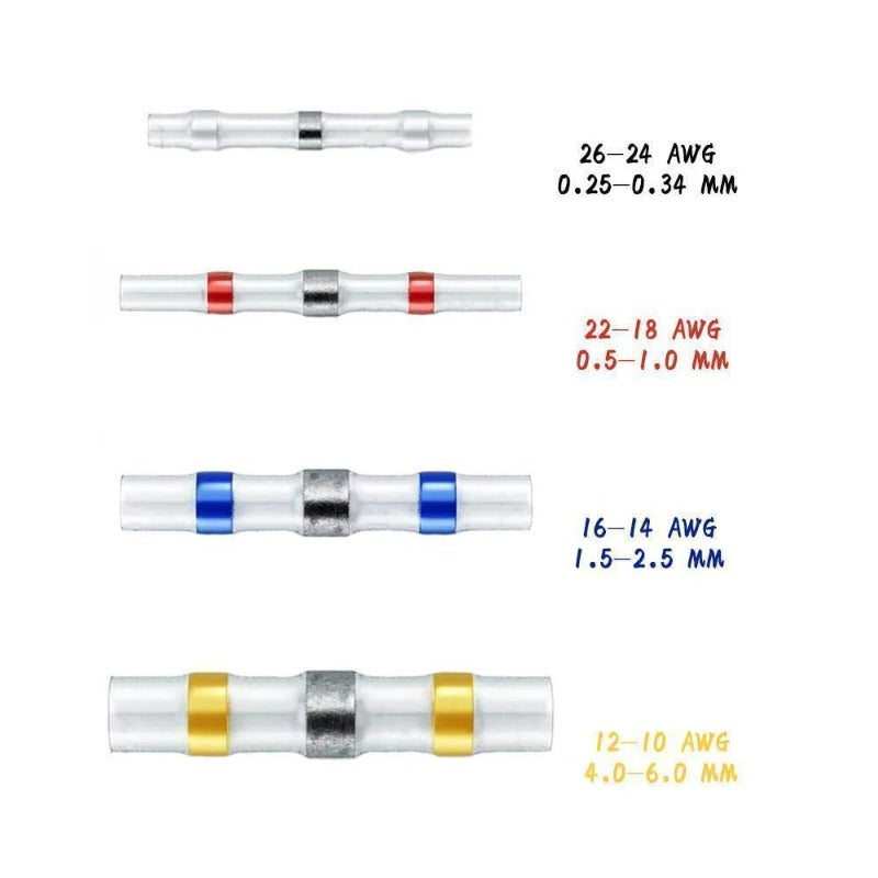 Close-up of heat shrink wire connectors applied to automotive wiring for secure splices.