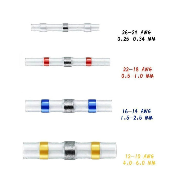 Close-up of heat shrink wire connectors applied to automotive wiring for secure splices.