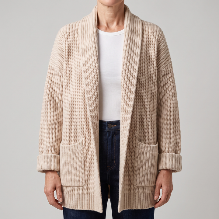 Women's relaxed open-front knit cardigan in a versatile neutral shade