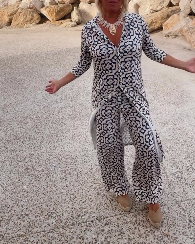 Full view of the printed tunic and wide-leg trousers coordinated outfit