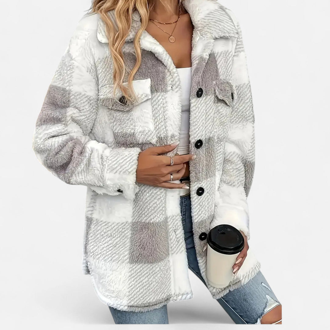 Full outfit view featuring women's oversized plaid button-up shacket styled for cold weather