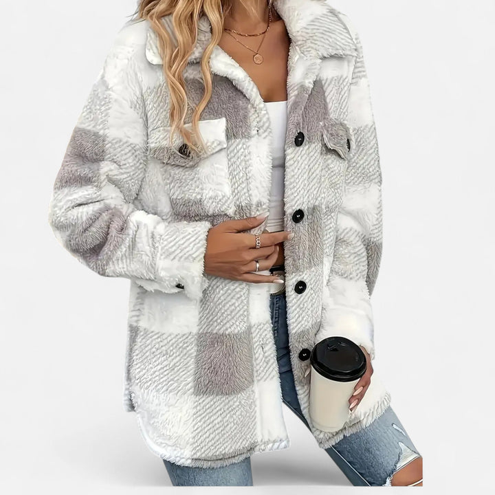 Full outfit view featuring women's oversized plaid button-up shacket styled for cold weather