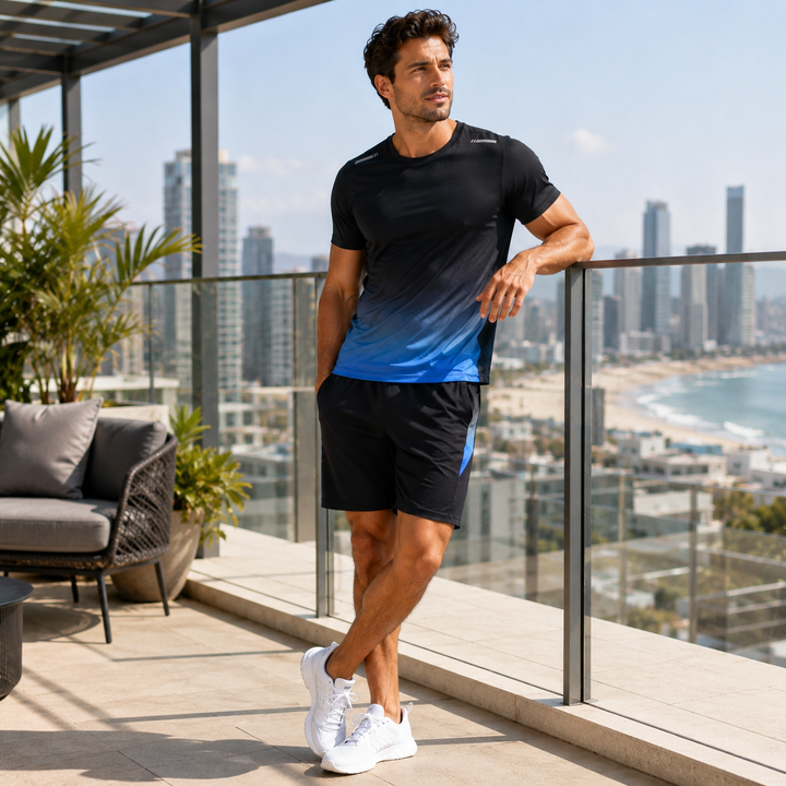 Mens activewear set quick-dry t-shirt and gym shorts back view