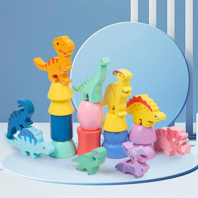 Assorted pieces of the dinosaur stacking game layout for early learning fun