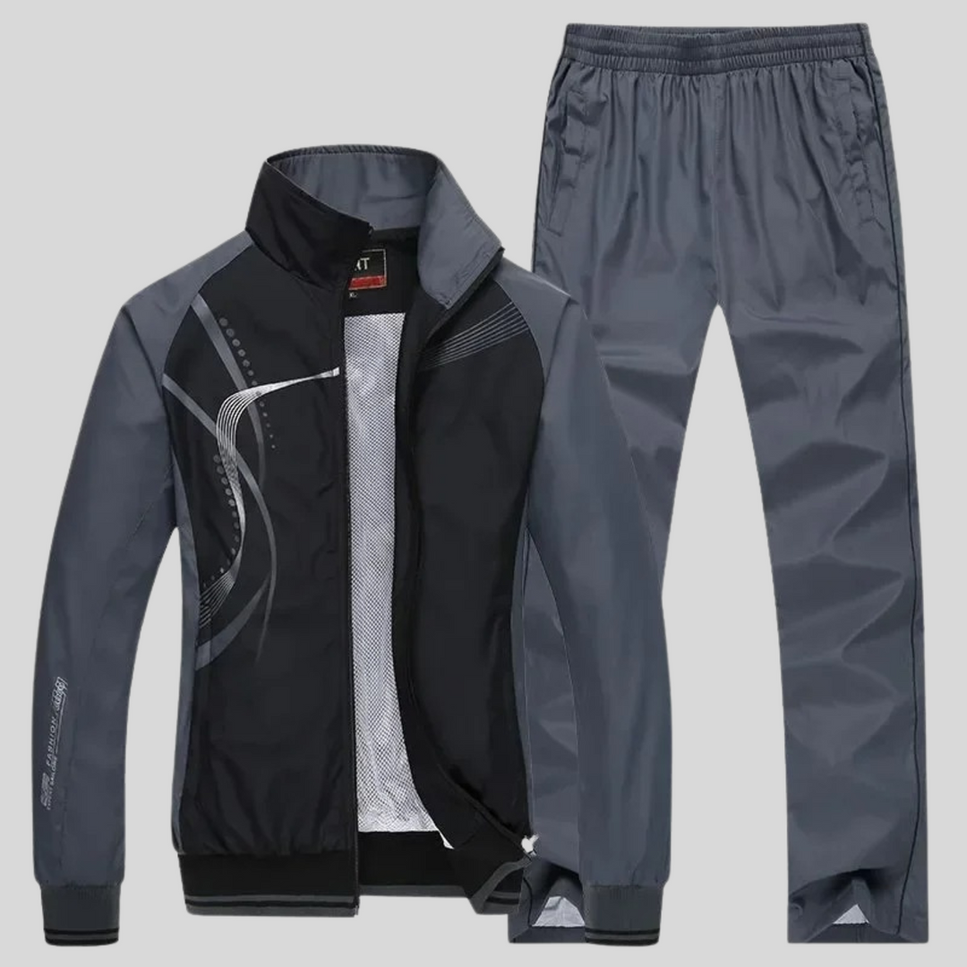 Close-up of sportswear set zipper and collar detail for men