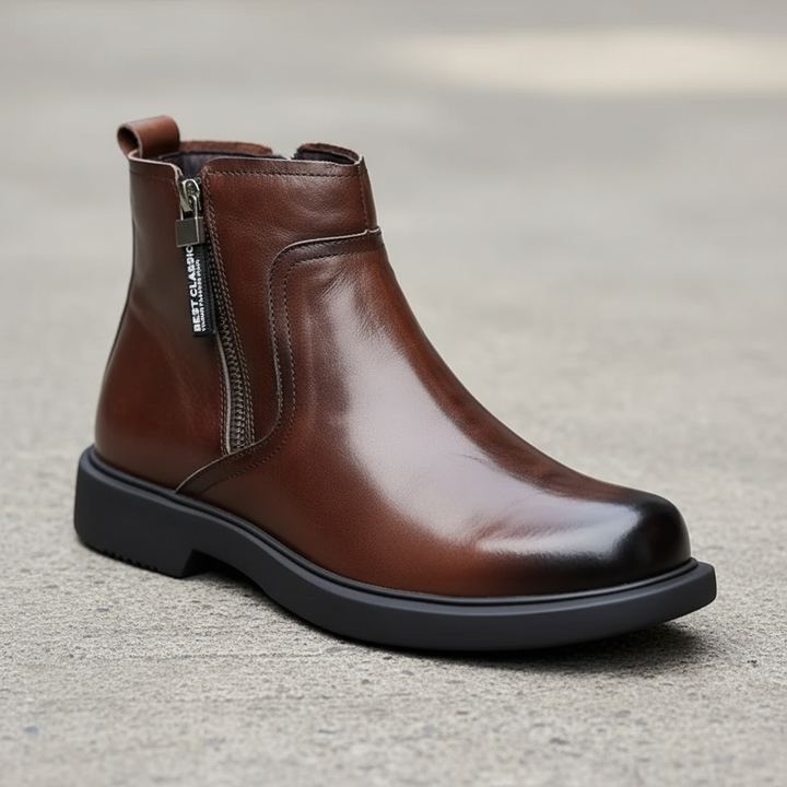 Close-up of men's everyday footwear highlighting quality stitching and dark brown finish.
