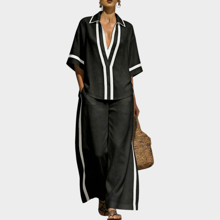 Close-up fabric detail of chic two piece outfit showing breathable summer set texture
