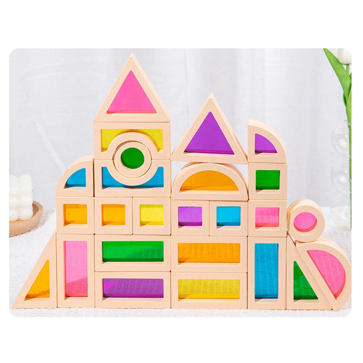 Assorted shapes and colors in a kids wooden building blocks kit