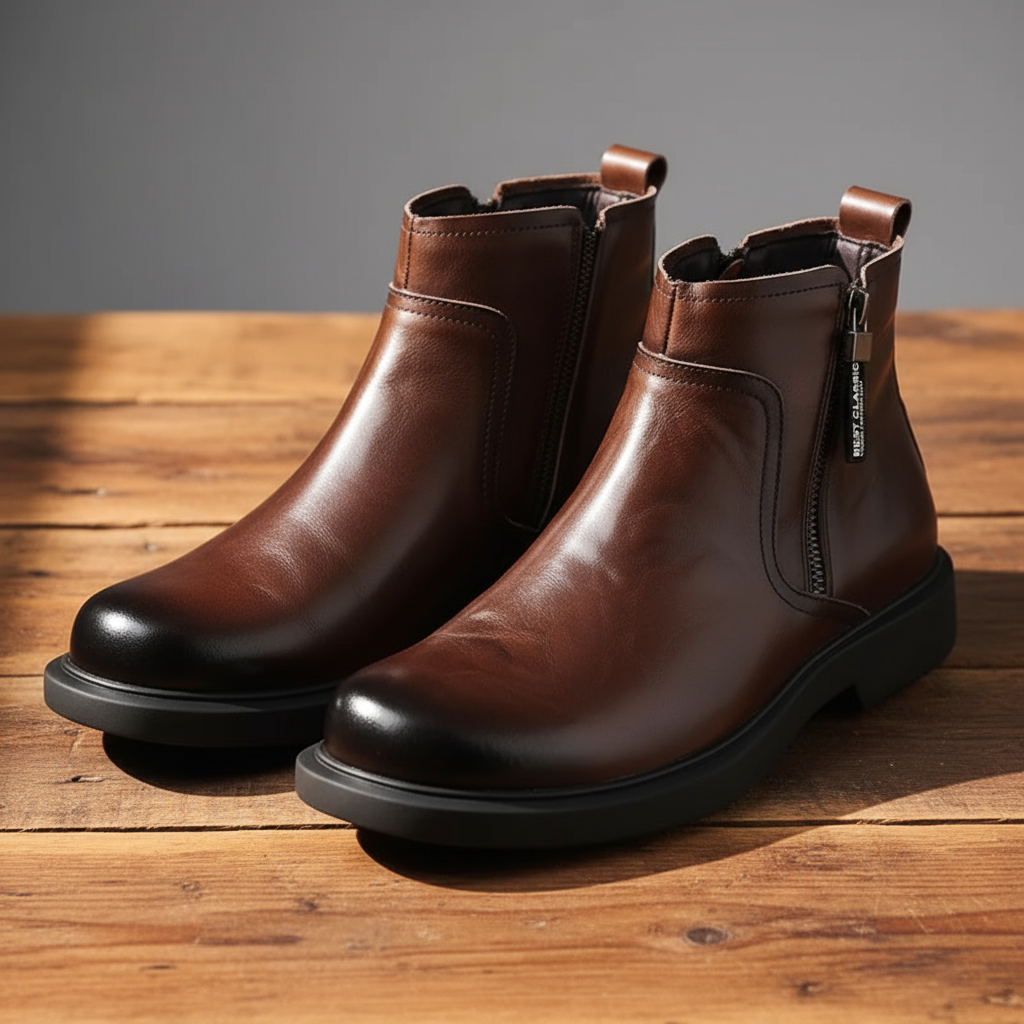 Men's sturdy ankle boots in dark brown leather with a convenient side-zip closure.