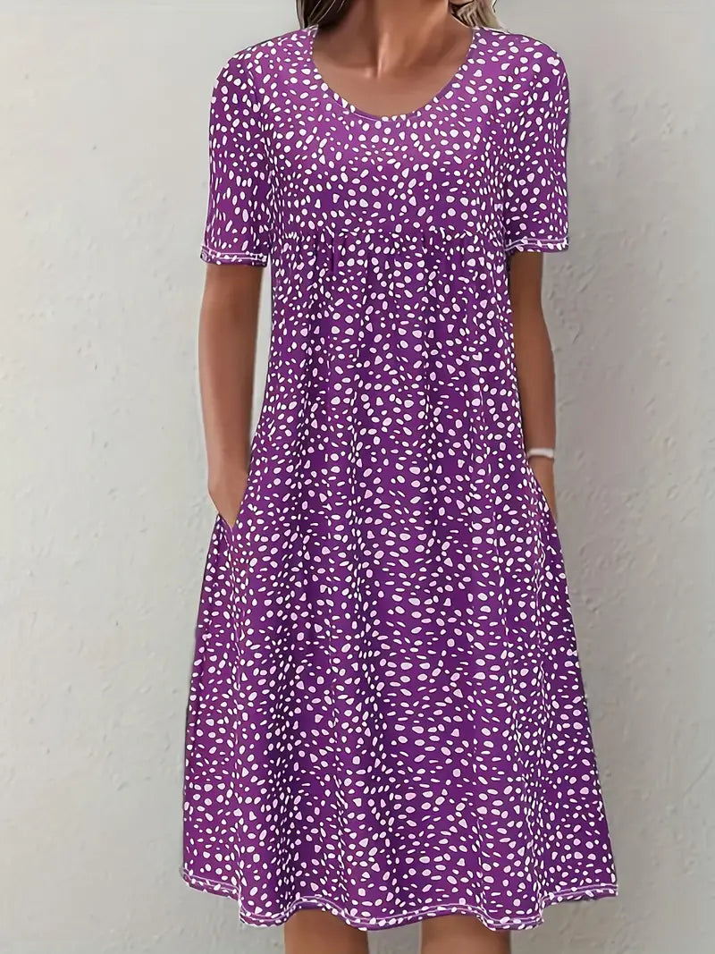 Women's elegant short sleeve printed midi dress with floral pattern, side view