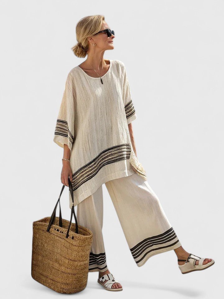 Close-up of the wide-leg trousers waistband and texture in the casual wear collection.