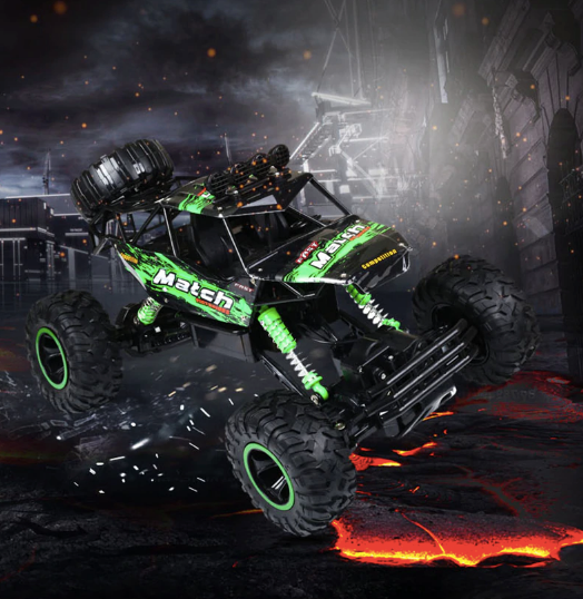 Green BeastRider RC monster truck jumping over rough ground at night