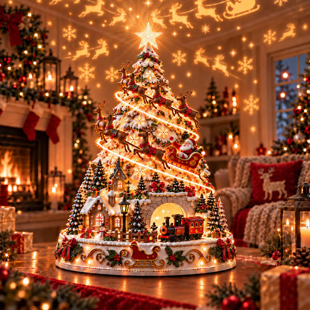 Full view of the illuminated christmas village projection tree