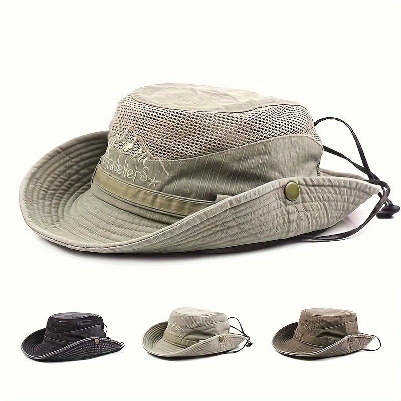Khaki outdoor sun hat with mesh panels and adjustable cord