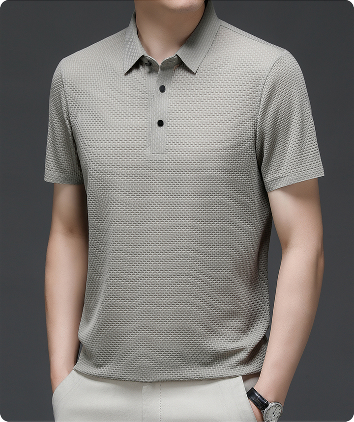 Close-up showing breathability of men's mesh polo shirt
