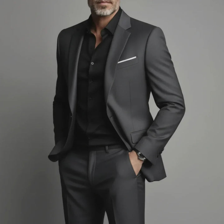 Complete mens business casual suit set laid flat for styling