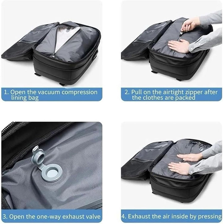Side view of the sleek unisex travel backpack fully packed and ready for a flight