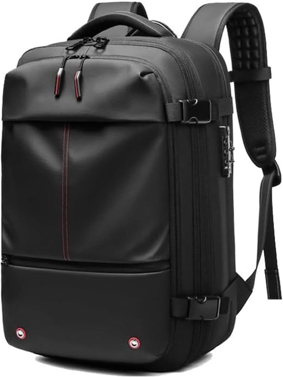 Unisex travel backpack showing the expandable main compartment zipper for extra packing space