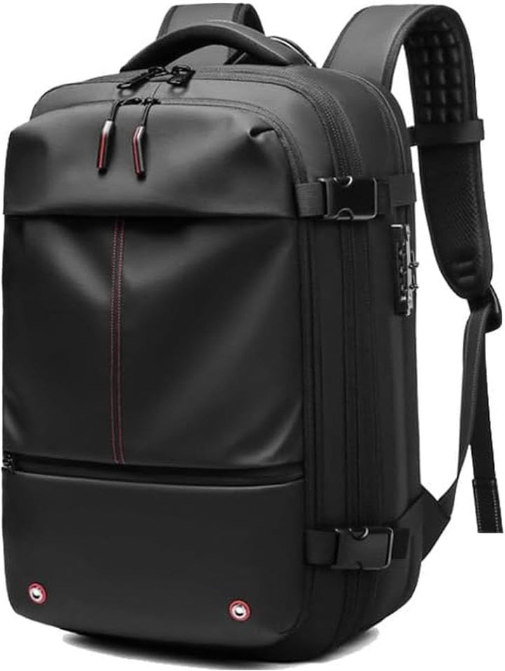 Unisex travel backpack showing the expandable main compartment zipper for extra packing space