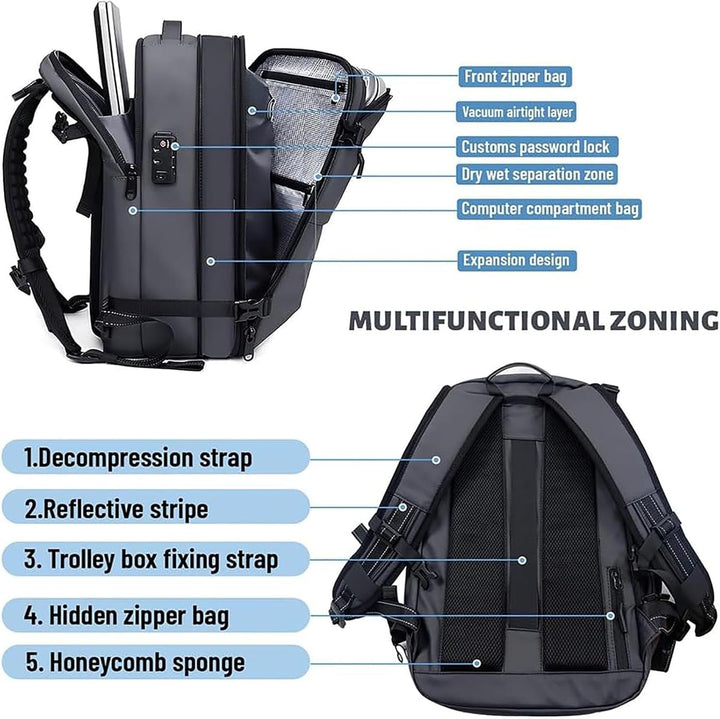 Close-up of the compression travel backpack highlighting the secure anti-theft back pocket