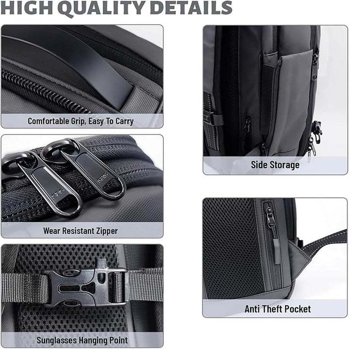 Expandable backpack worn by a traveler, demonstrating comfortable ergonomic shoulder straps