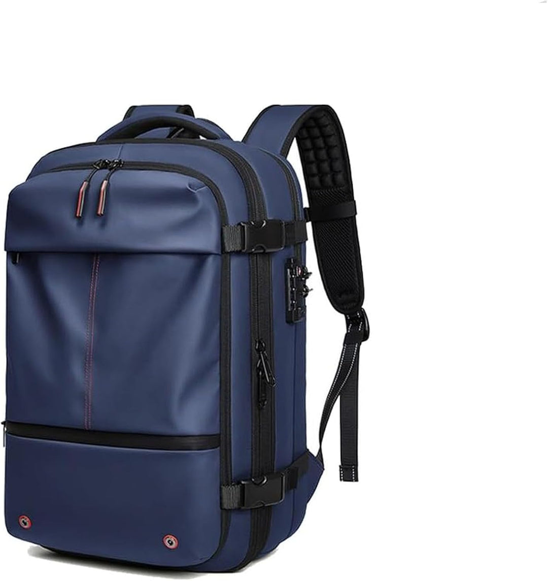 Blue travel backpack featuring anti-theft zipper lock and wet compartment vents
