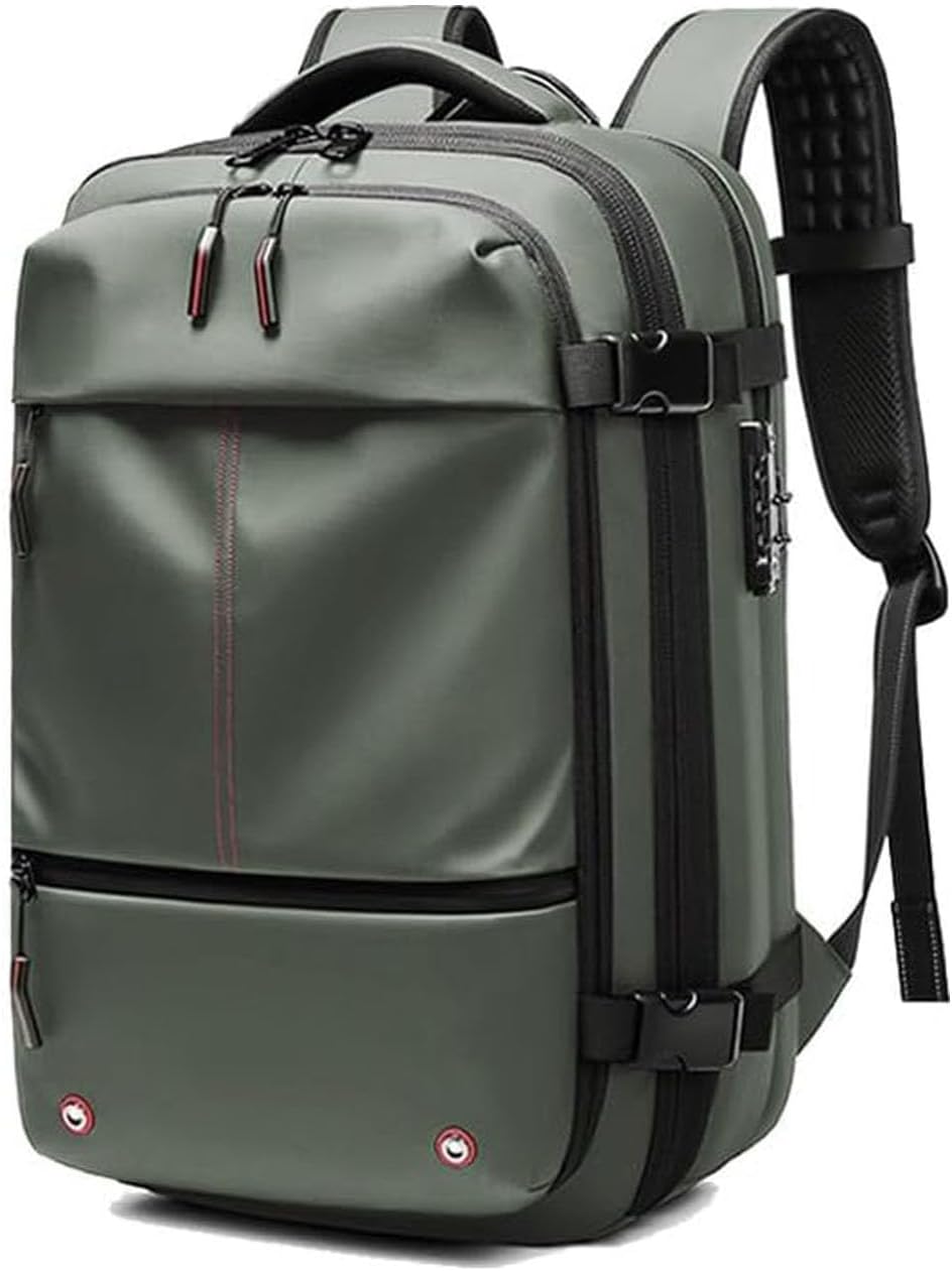 Green expandable compression travel backpack with side compression straps and lock