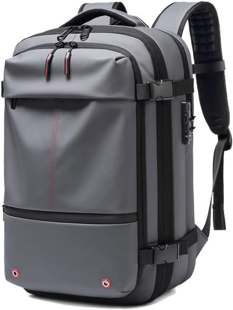 Grey waterproof travel backpack showing front pocket details and padded shoulder straps