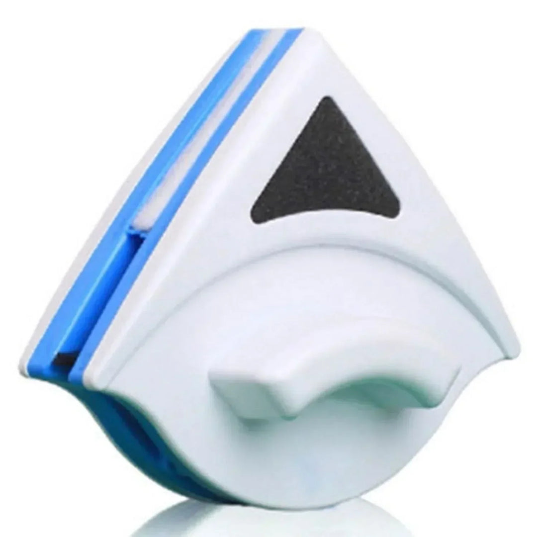Triangular white and blue magnetic window cleaner device viewed from the front