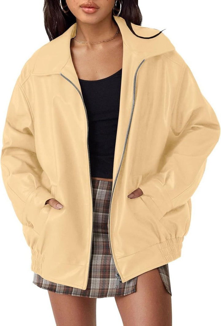 Womens oversized collar bomber jacket hanging on a rack