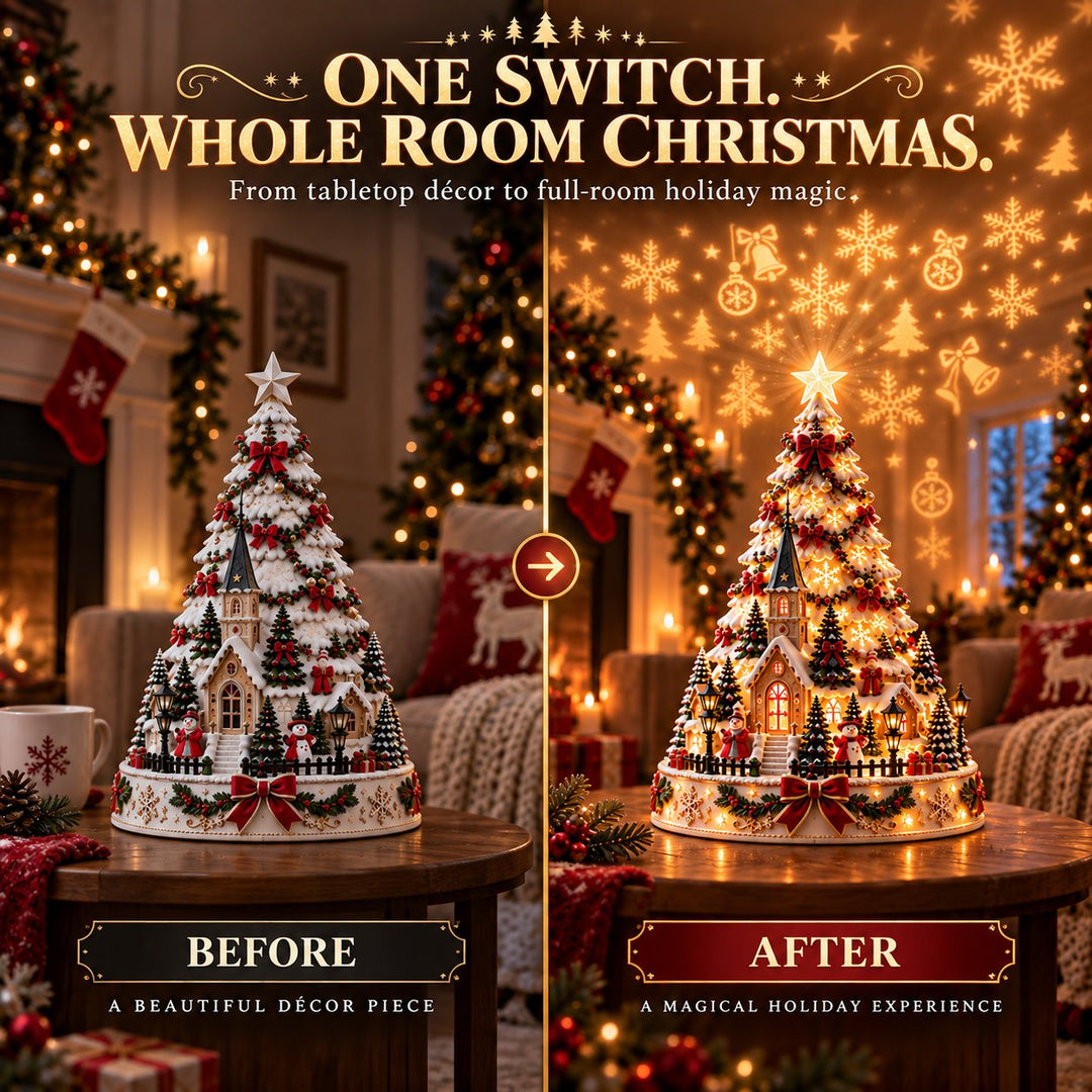Close-up of lighted christmas tree branches with projection effect